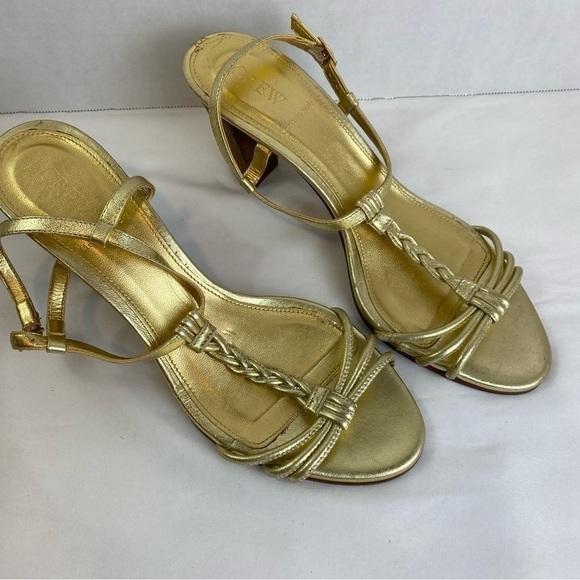 J. Crew “Paige” Metallic Gold Strppy Leather Braided Chunky Heel - Picture 2 of 14